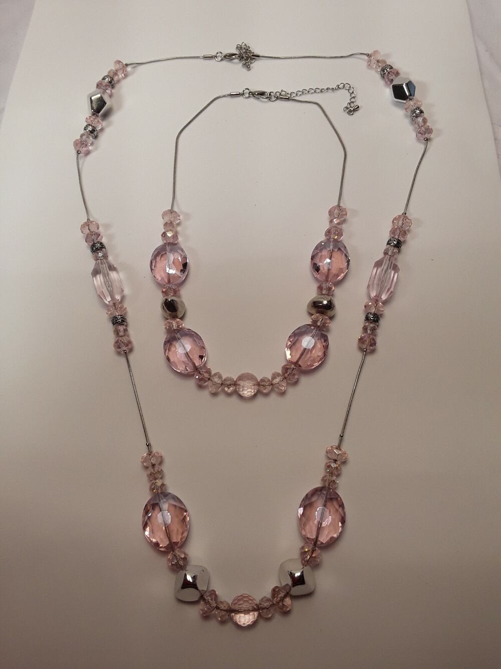 2 Light Pink And Silver Acrylic Gem Necklaces